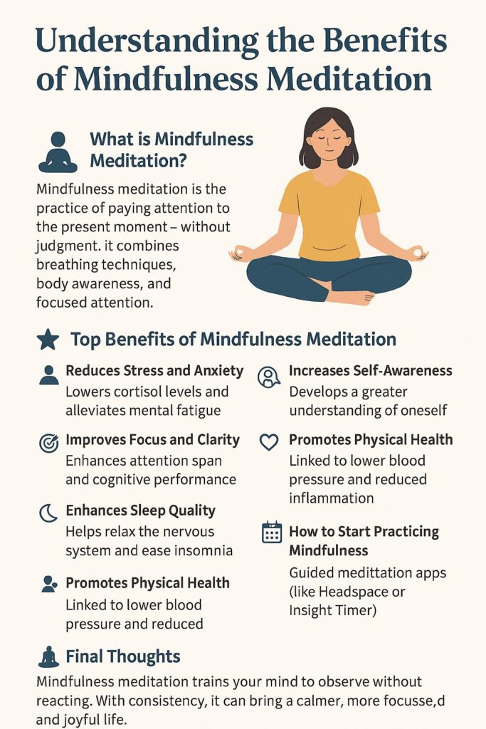 Mindfulness MindfulnessMeditation MeditationBenefits MentalHealth StressRelief Wellness SelfCare EmotionalWellbeing MindfulLiving FocusAndClarity SleepBetter BeginnerMeditation PersonalGrowth HolisticHealth DailyMeditationPractice